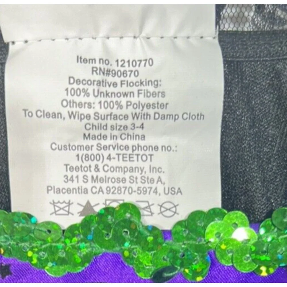 Teetot Girls Witch Dress WITH HAT & BROOM Size S 3-4 Black Purple Sequin Costume